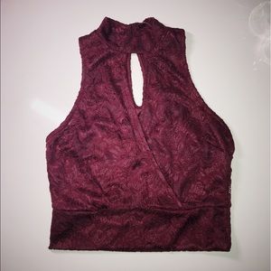Maroon Lace Halter Crop Top
